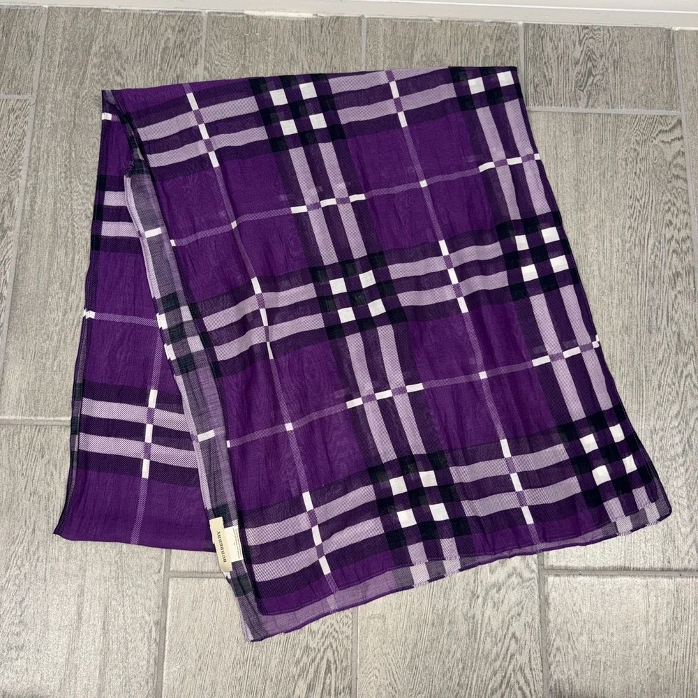 Burberry Nova Check Cotton & Silk Purple Lightweight Scarf Made in Italy  *READ